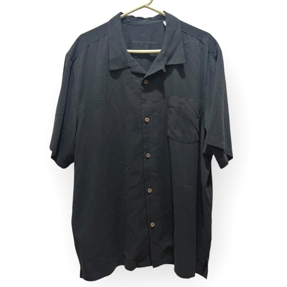 Tommy Bahama XXL Silk CoolMax Short Sleeve‎ Button Shirt Black Textured Lounge